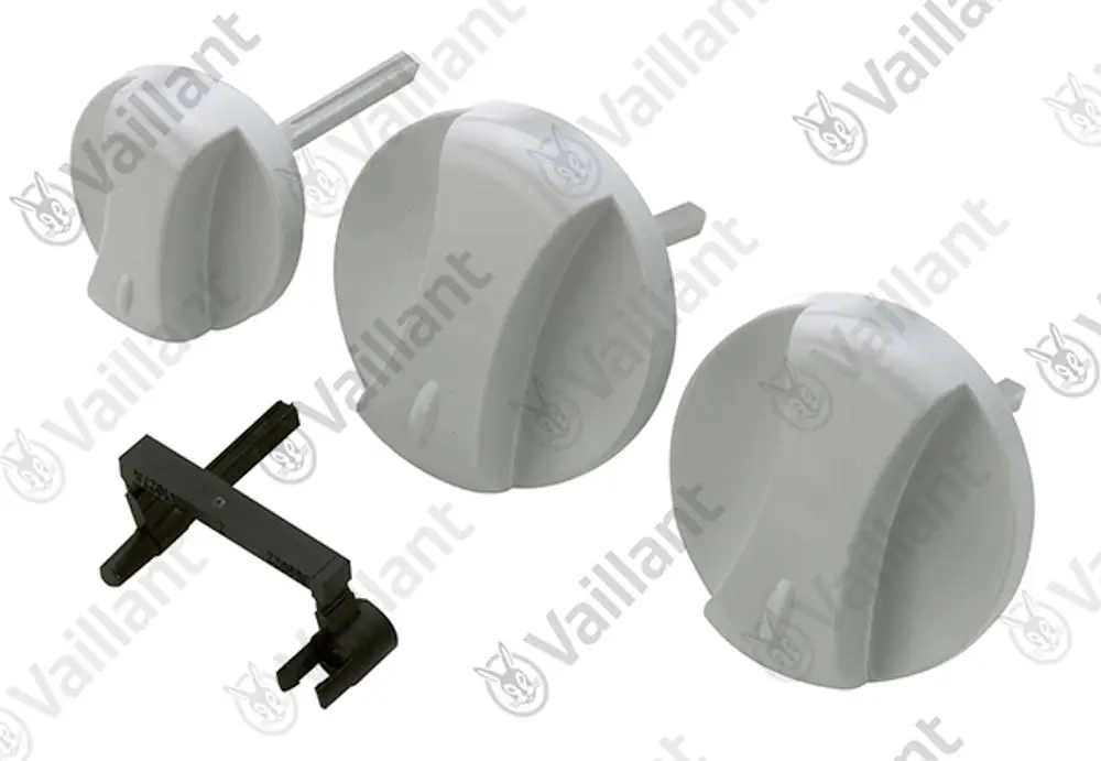 Vaillant Set mit drei grauen Knöpfen, die eine einfache Handhabung ermöglichen. Die Knöpfe sind in verschiedenen Größen und mit einer zentralen Stange verbunden.